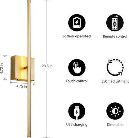 Battery Operated Wall Sconces with Remote Control, Dimmable Wall Sconces Set of Two, 350°Rotate, 3000K LED Gold Wireless Wall Light for Living Room, Hallway, Bedroom, 28.3 Inch (2 Pack)