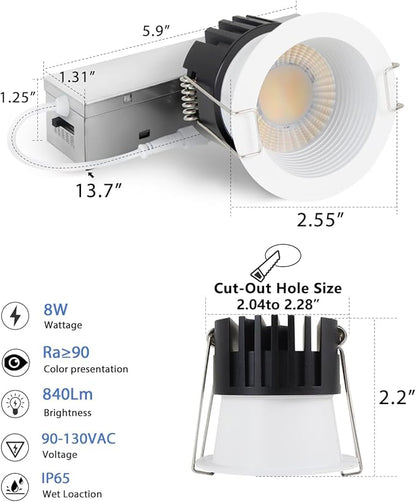 Adetu 2 Inch 5CCT Anti-Glare LED Downlight with Junction Box, 2700K/3000K/4000K/5000K Selectable, CRI90+, 8W COB, 840LM, IP65 Waterproof, Dimmable-ETL and Energy Star Certified (White,12 Pack)