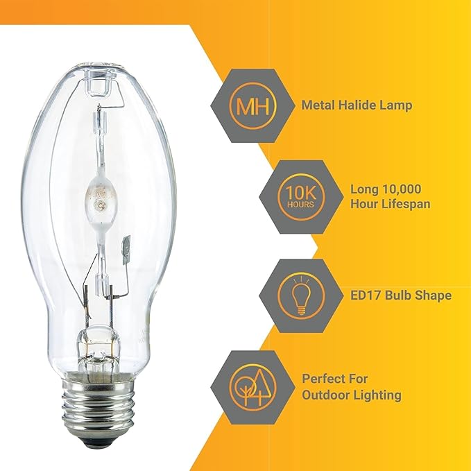 Diodesy- M90 Metal Halide Lamp 100W Pulse Start 9000 Lumens E26 Medium Base 4000K Cool White Clear ED17 Shape 12,000 Hours- High Intensity Discharge HID Outdoor Light Bulb for Street Parking Lots