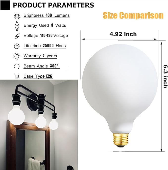 Leools G40 LED Light Bulb 4W Dimmable Flick-Free Matt White 4000K Daylight CRI95 480LM, 40-60W Equivalent Vintage LED Edison Globe Light Bulb,E26 Standard Base, 2Pack