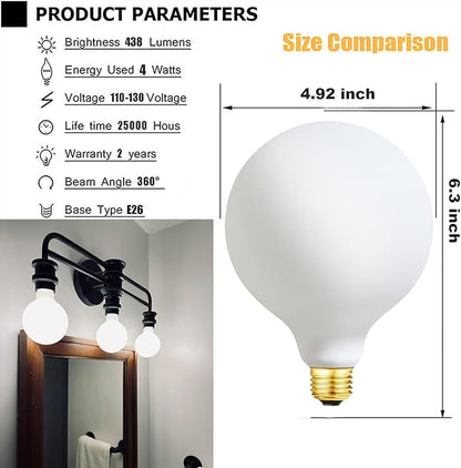 Leools G40 LED Light Bulb 4W Dimmable Flick-Free Matt White 4000K Daylight CRI95 480LM, 40-60W Equivalent Vintage LED Edison Globe Light Bulb,E26 Standard Base, 2Pack