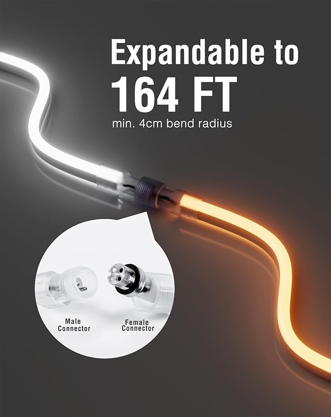 Shine Decor LED Neon Rope Lights AC 120V, Expandable & Cuttable 120LEDs/M Bright Strip Lighting, ETL Cold-Resistant & IP65 Waterproof for Indoor Outdoor, 8x16mm, 2500K Warm White, 131.2ft