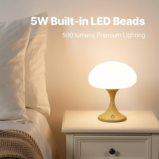 Mushroom Lamp, 5W LED Cordless Rechargeable Table Lamp with Glass Shade, Small Retro Dimmable Touch Light with 3 Color Temps, Aesthetic Mid Century Bedside Light for Bedroom Ambient, Mustard