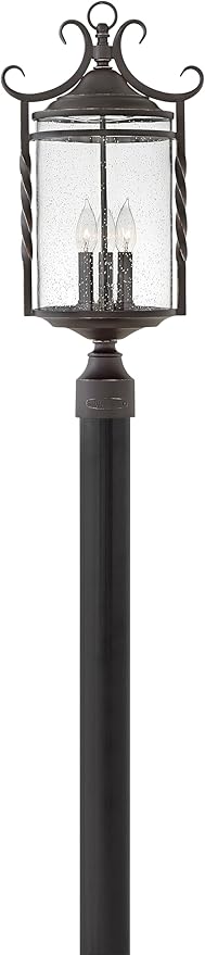 Hinkley Casa Large Post Top or Pier Mount Outdoor Lantern - Aluminum, Clear Seedy Glass, Wrought Iron Details, Hand Forged Scrolling - Olde Black Finish