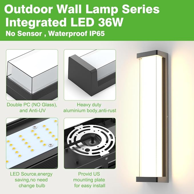 Sytmhoe Dimmable Outdoor Wall Lights 2Packs,10%-100% Dimming,23.6in LED Modern Patio Wall Light Fixture, Black Exterior Sconce for Garage Courtyard Commercial House(3000K)