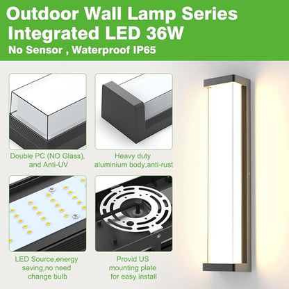 Sytmhoe Dimmable Outdoor Wall Lights 2Packs,10%-100% Dimming,23.6in LED Modern Patio Wall Light Fixture, Black Exterior Sconce for Garage Courtyard Commercial House(3000K)