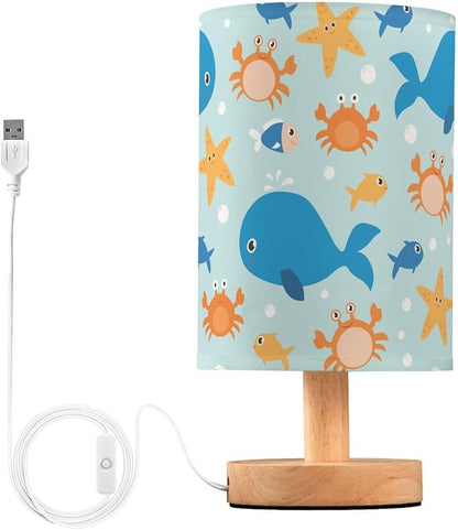Bedside Lamp Crab Fish Whale Starfish Table Lamp for Bedroom LED Nightstand Lamp Shade USB Ports Wood Base for Living Room Dorm Office