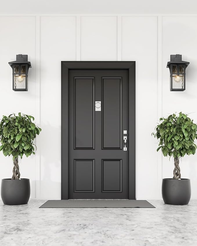 Outdoor Wall Light 2 Pack, HWH Exterior Wall Sconce Light Fixtures with Water Ripple Glass, Outside Lights for Porch, Patio, Balcony, Matte Black Finish, 5HX62B-2PK-SW BK