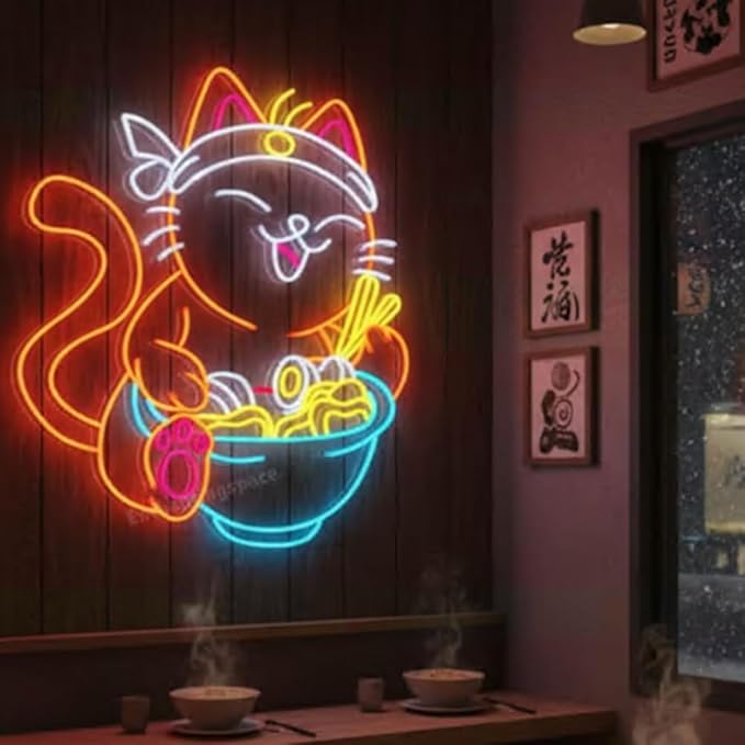 Cat Eating Ramen Neon Sign, Cat Ramen Led Sign Decor, Japanese Ramen Restaurant Wall Decor, Ramen Noodles Store LED Light Sign Wall Art Size:23inches