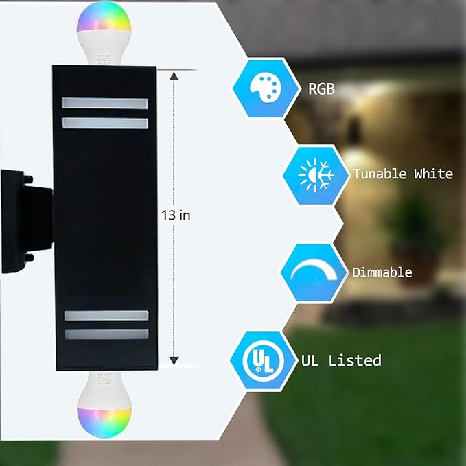 Up Down Wall Sconce RGB Color Changing Lights 1200lm, Dusk to Dawn Outdoor Lighting Fixture 2 Pack, Milight Remote Control Smart Exterior Lights with Tunable White 2700k-6500k (ETL Listed)