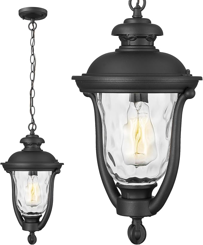 Outdoor Pendant Lights,Modern Exterior Hanging Porch Light,Height Adjustable Outside Hanging Lantern Matte Black Vintage for Enterance,Gazebo, Foyer, Water Ripple Glass Lamp Shade