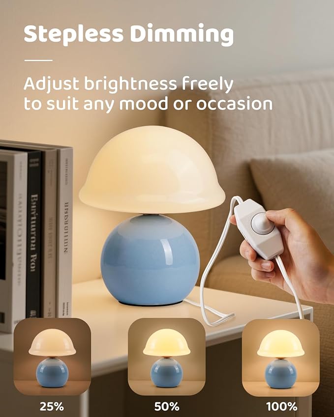 Mushroom Table Lamp for Bedroom, Cozy Bedside Lamp with Glass Shade, Stepless Dimmable Nightstand Lamp for Relaxing Bedroom Decor & Aesthetic Home (Blue)