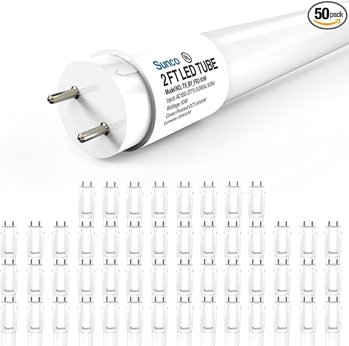 Sunco 50 Pack 2ft LED T8 Clear Glass Tube for Indoor Replacement Fluorescent Commercial Office Hallway Warehouse, Type B, 10W 1200 Lumens, 5000K Daylight, Non-Dimmable, 100-277V, 50,000 Hour Lifetime