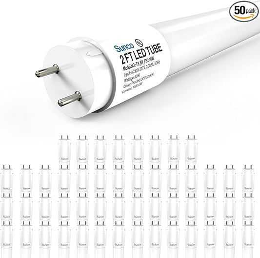 Sunco 50 Pack 2ft LED T8 Clear Glass Tube for Indoor Replacement Fluorescent Commercial Office Hallway Warehouse, Type B, 10W 1200 Lumens, 5000K Daylight, Non-Dimmable, 100-277V, 50,000 Hour Lifetime