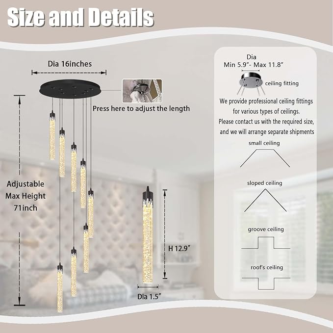 Pendant Light Fixtures LED Black 8-Light Chandelier for Living Room Modern Bubble Crystal Chandelier Entryway Foyer Dimmale 2700K-6000K