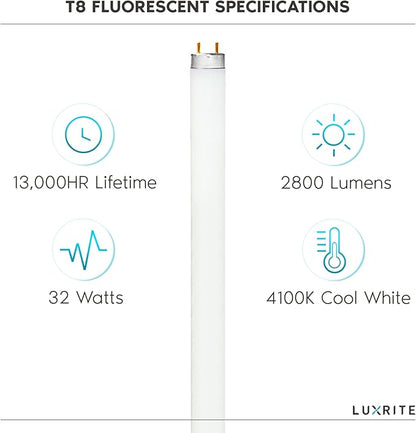 Luxrite F32T8/841 32W 48 Inch T8 Fluorescent Tube Light Bulb, 4100K Cool White, 2800 Lumens, G13 Medium Bi-Pin Base, LR20732, 6 count (Pack of 1)
