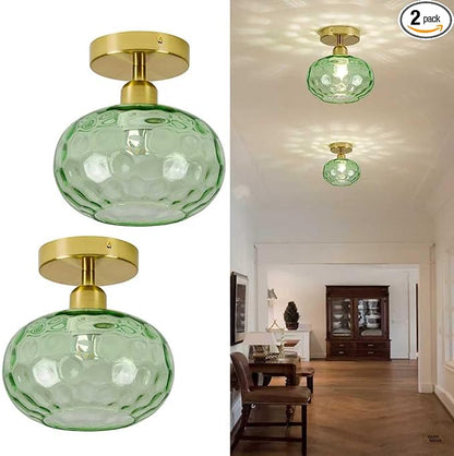 Green Glass Semi Flush Mount Ceiling Light - 2 Pack,7.9 Inch Hammered Glass Hallway Light fixtures Ceiling, Vintage Gold Art Deco Ceiling Light for entryway Foyer Laundry Room Kitchen