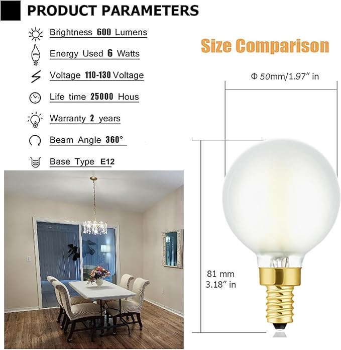 Leools E12 Led Chandelier Light Bulb,Frosted G16.5 Type G Round Light Bulb,60 watt 600lm 4000k Daylight,Dimmable Led Globe Light Bulbs for Ceiling Fan,Scentsy,Vanity,Candelabra LED Light Bulbs 6 pcs