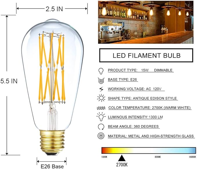 Leools Vintage LED Edison Bulb Dimmable 15W,Equivalent 120W, Antique Style ST64 LED Filament Bulbs,1300 Lumen,2700K Soft Warm White, E26 Base,4 Pack.