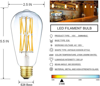 Leools Vintage LED Edison Bulb Dimmable 15W,Equivalent 120W, Antique Style ST64 LED Filament Bulbs,1300 Lumen,2700K Soft Warm White, E26 Base,4 Pack.