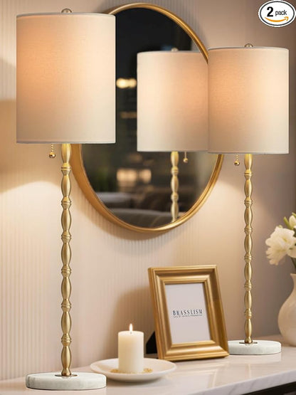 Buffet Lamps Set of 2, 28.5”H Modern Luxury Lamps with Marble Base, Brass Finish and Linen Shade, UL Certified – Elegant Lighting for a Warm Atmosphere in Entryway, Living or Dining Room