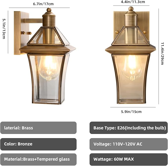 Waterproof Brass Outdoor Wall Lanterns (2-Pack) - E26 Socket & Glass Shade Exterior Wall-Mounted Lights, Rustproof Modern Sconces for Front Door, Porch, Yard & Entryway