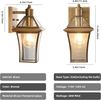 Waterproof Brass Outdoor Wall Lanterns (2-Pack) - E26 Socket & Glass Shade Exterior Wall-Mounted Lights, Rustproof Modern Sconces for Front Door, Porch, Yard & Entryway