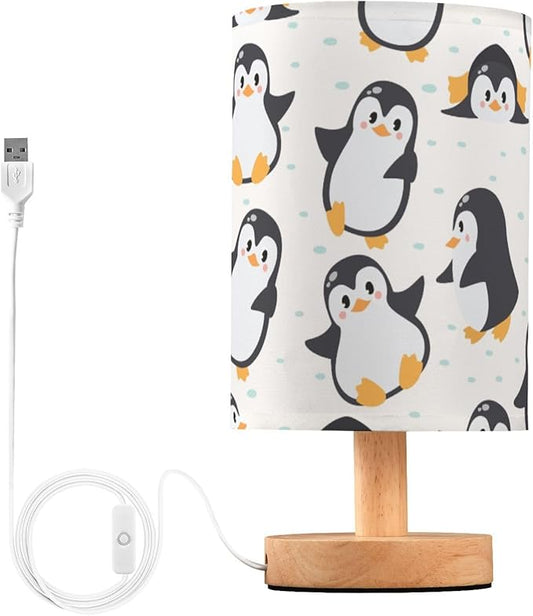 Bedside Lamp Cute Penguins Table Lamp for Bedroom LED Nightstand Lamp Shade USB Ports Wood Base for Living Room Dorm Office