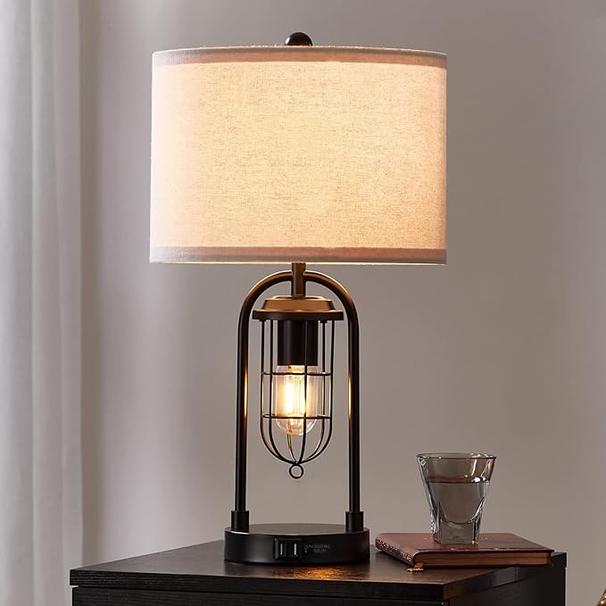 Kyrid 21'' Table Lamps Set of 2 with Night Light and USB Port Industrial Modern Nightstand Lamp Set (Bulbs Included)