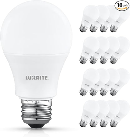 LUXRITE A19 LED Light Bulb 60 Watt Equivalent, Non-Dimmable, 5000K Bright White, 800LM, Standard LED Light Bulbs 8W, E26 Base, Enclosed Fixture Rated, Damp Rated, ETL Listed (16 Pack)