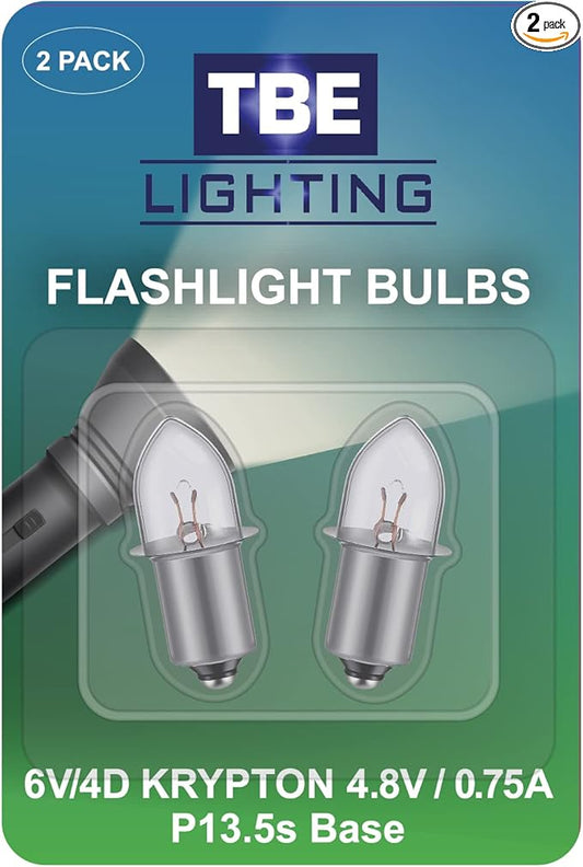 TBE LIGHTING 6 Volt / 4D 4.8 Volt, 0.75A Bayonet Base P13.5 Krypton Flashlight Bulbs, Pack of 2 Energy efficient Flashlight Krypton Bulbs to fit a Standard 4D Torches