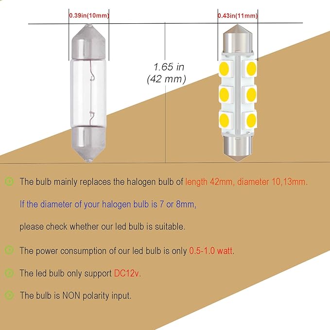 360 deg 42mm DC 12V 561 Led Bulb Natural White,562 567 566 212-2 LED Festoon Bulb for Automotive Interior Reading Map Glove box Lights Non Polarity(Pack 6)
