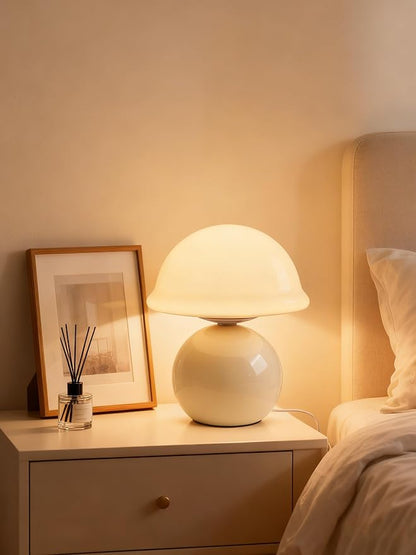 Mushroom Table Lamp for Bedroom, Cozy Bedside Lamp with Glass Shade, Stepless Dimmable Nightstand Lamp for Relaxing Bedroom Decor & Aesthetic Home (White)