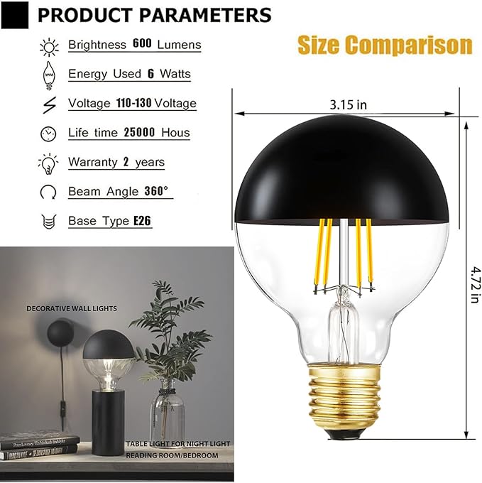 Leools Half Black LED Light Bulbs,Dimmable 6W (Equivalent 60Watt) Edison Bulbs,4000K Daylight White,G80/G25 Half Chrome Dipped Anti-Glare LED Filament Bulbs,Decorative Bulb,CRI 90+ E26 Base Pack of 4