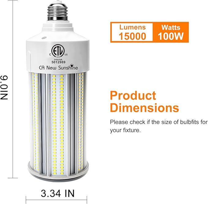 2 Pack 1000W Equivalent LED Corn Light Bulb 15000 Lumen 5000K 100W Large Area Daylight White E26/E39 Medium Base for Outdoor Indoor Garage Warehouse Factory Workshop Street Barn Backyard