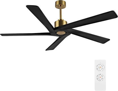 WINGBO 72" DC Ceiling Fan No Light with 3 Downrods, 5 Carved Solid Wood Blades, 6-Speed Reversible DC Motor, Black Large Ceiling Fan without Lights in Brass Finish, ETL Listed