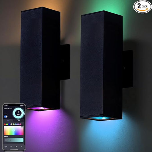 Tunable White Exterior Wall Light Fixtures 1200lm, RGB Color Up Down Outdoor Lights 2 Pack,Modern Dusk to Dawn Outdoor Lighting - Smart Outside Wall Lights for Garage,Porch（UL Listed