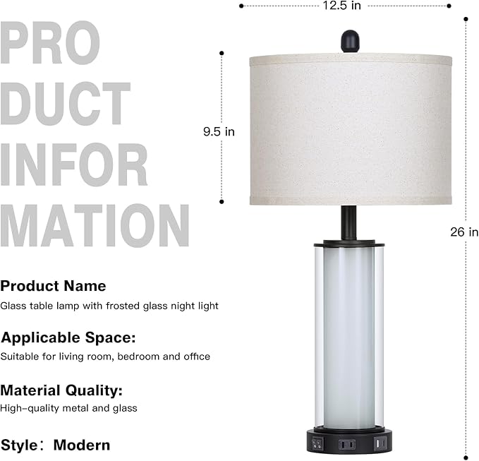26" Black Glass Table Lamps Set of 2, Modern Bedroom Lamps with Built-in Frosted Glass Night Light , Tall Living Room Lamp with USB C+A Ports & Outlet, Bedside Lamp for Nightstand Side End Decoration