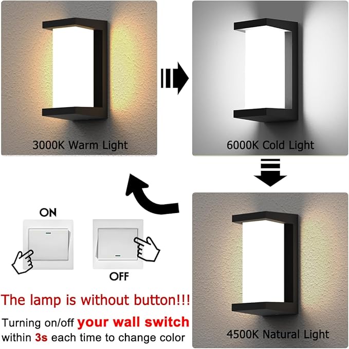 Sytmhoe Modern Outdoor Wall Lights,24W-LED Exterior Wall Sconce Light Fixtures,3-Color-Changeable Wall Mounted Lamps,Matte Black Porch&Patio Light,IP65 Waterproof for Hallway Stairs Gardens