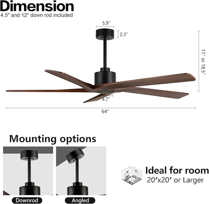 WINGBO 64 Inch DC Ceiling Fan without Lights, 5 Reversible Carved Solid Wood Blades, 6-Speed Noiseless DC Motor, Ceiling Fan No Light with Remote, Matte Black Finish with Walnut Blades, ETL Listed