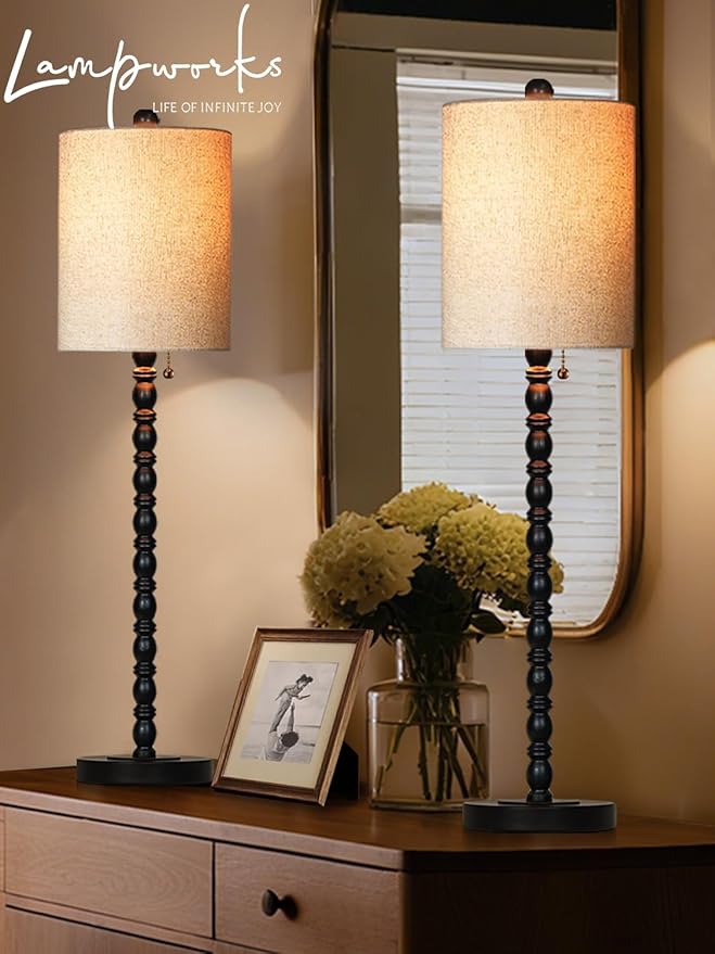Buffet Lamps, Table Lamps Set of 2-30" H Tall with Sturdy Metal Bases & Textured Linen Shades - UL Certified, Ideal for Creating a Cozy Vibe in Living Rooms, Dining Rooms & Entryways (Matte Black)