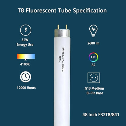 F32T8/841 T8 32W 48inch Fluorescent Light Bulb,4100K Cool White,Compatible for Philips 281550,LUXRITE,Sylvania 21781,Sunlite,Satco,G13 Medium Bi-Pin Base,(10PACK)