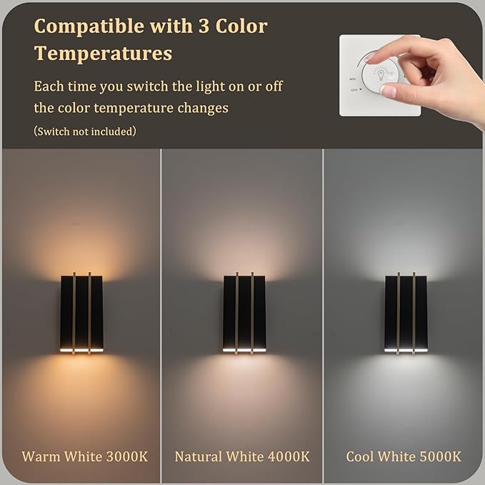 Upgraded Modern Outdoor Wall Light Fixture, 10.8" Up and Down Outdoor Sconce Lights 15W 3CCT 3000K/4000K/5000K, IP54 Waterproof Exterior Wall Sconce, Black Metal Frame with Brass Accents