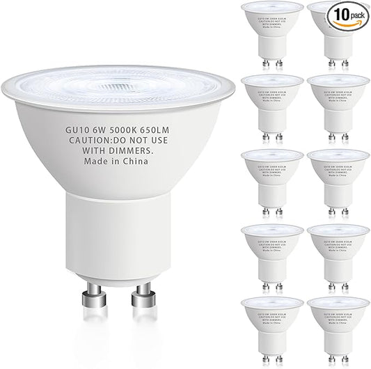 GU10 Led Bulb 6W Equivalent 50W, MR16 Led Bulb 5000K Daylight White Led Bulbs, 650 Lumens, Non-Dimmable, GU10 Base, 2 Prong Track Energy Saving Light Bulbs for Kitchen, Living Room, Bedroom, 10 Pack