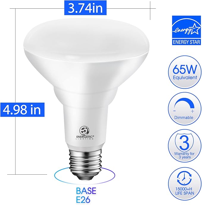 Energetic [Energy Star] LED BR30 Flood Light Bulbs Indoor, Daylight 5000K, Dimmable, 65 Watts Recessed Light Bulbs for Cans, 750 Lumens, 6 Pack