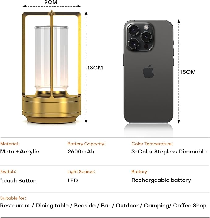 Portable Table Lamp for Indoor/Outdoor, Rechargeable Cordless Desk Lamp with Touch Sensor, 3 Way Dimmable Suitable for Bars/Cafes/Restaurants/Bedrooms/Camping Sites (Gold)