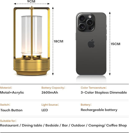 Portable Table Lamp for Indoor/Outdoor, Rechargeable Cordless Desk Lamp with Touch Sensor, 3 Way Dimmable Suitable for Bars/Cafes/Restaurants/Bedrooms/Camping Sites (Gold)