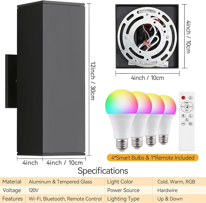 Outdoor Wall Lights 2 Pack, Aluminum Exterior Lighting Fixtures Dusk to Dawn Outdoor Lighting Color Changing Porch Lights with Matte Black Finish, Up and Down Lights Control with App and Voice