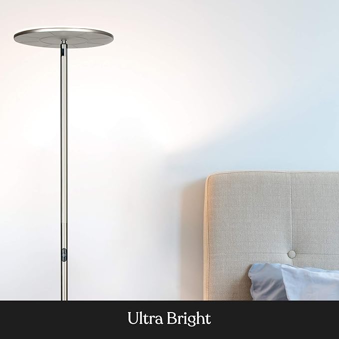 Brightech Sky Flux Dimmable LED Floor Lamp – Super Bright Floor Lamp with 3 Light Modes for Living Room, Office – Torchiere Standing Touch-Lamp, Tall Torch Lamp for Bedroom & Reading - Nickel