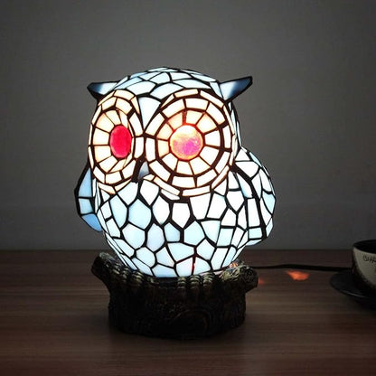 Bieye L10209 Tiffany Style Stained Glass Owl Accent Table Lamp with Handmade Lampshade, Suitable for Decorating Room (Blue)